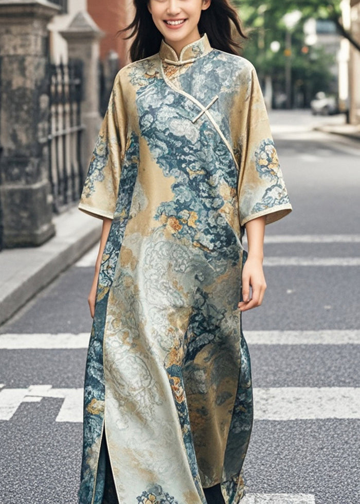 Khaki Print Side Open Silk Oriental Dress Bracelet Sleeve Spring