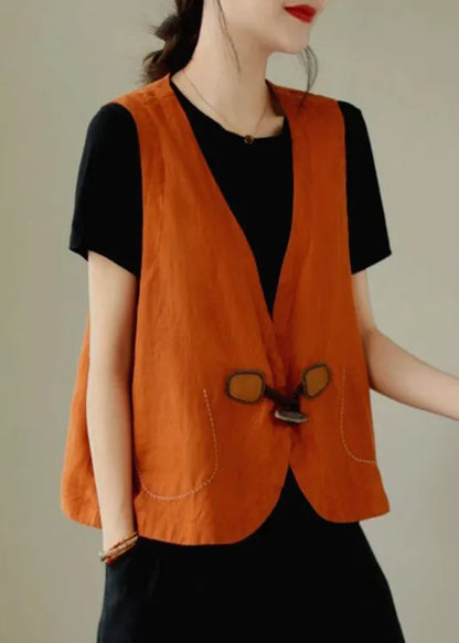 Loose Orange V Neck Button Linen Waistcoat Sleeveless