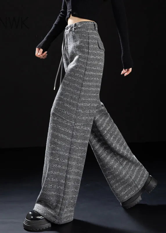 Grey Oversized Striped Woolen Straight Pants Winter