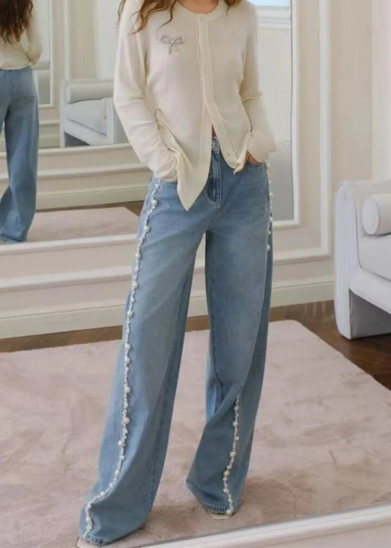 Blue Nail Bead Denim Wide Leg Pants Spring
