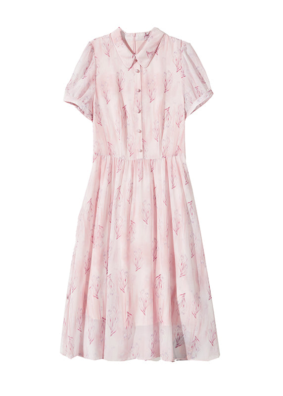 Pink Peter Pan Collar Print Chiffon Shirts Dress Short Sleeve