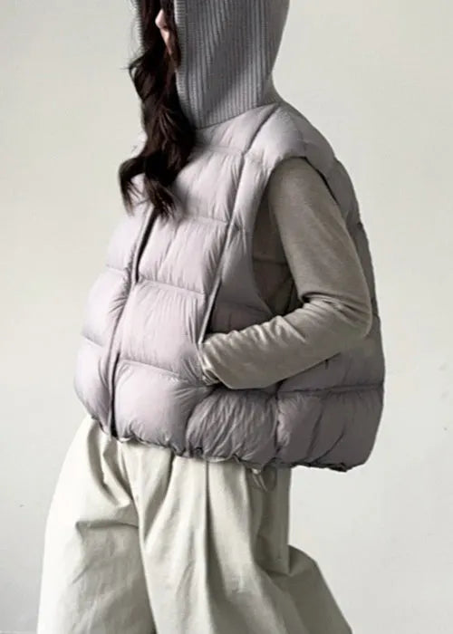 Grey Zippered Knit Patchwork Duck Down Waistcoat Hooded Sleeveless