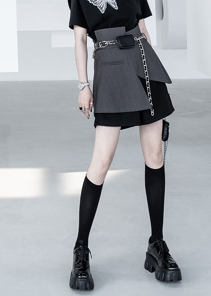 Black Grey Patchwork Asymmetrical Fake Tow Piece Wide Leg Shorts Summer