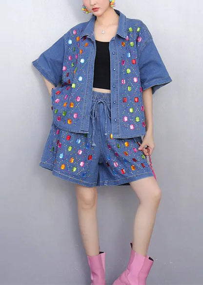 Rhinestone Denim Blue Shirts and Shorts Two Pieces Set Summer
