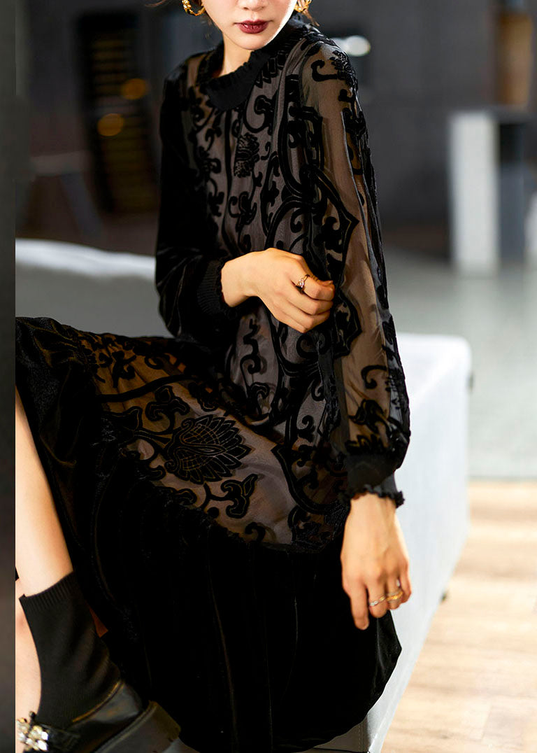 Black O-neck Embroideried Patchwork Silk Velour Maxi Dress Long Sleeve