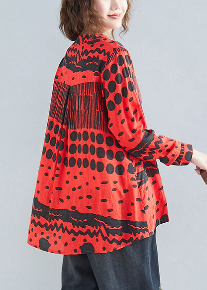 Red O-neck Button Print Pockets Fall Blouses Long Sleeve