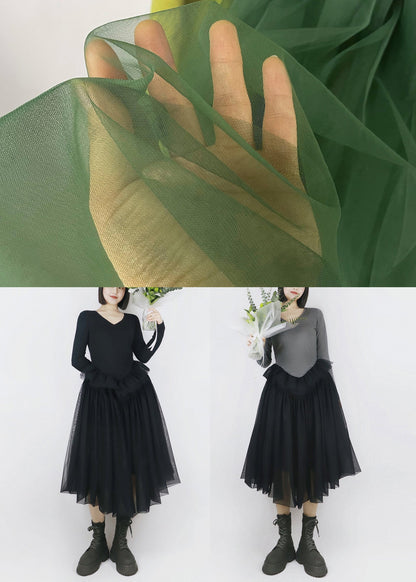 Grey False Two Pieces Tulle Patchwork Cotton Fall Dresses V Neck