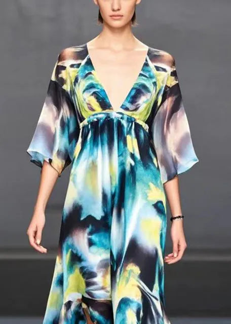 V Neck Tie Dye Side Open Chiffon Party Dresses Summer