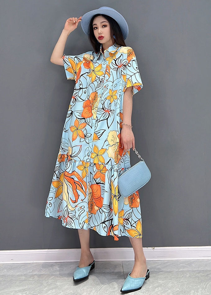 Orange Print Patchwork Shirt Dress Button Wrinkled Short Sleeve