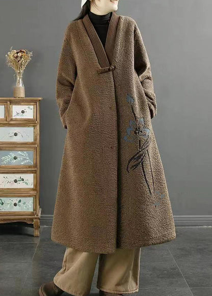 Chocolate Embroideried Chinese Button Faux Fur Coats Winter
