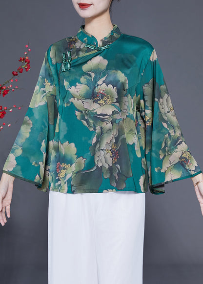 Peacock Green Mandarin Collar Print Silk Top Flare Sleeve