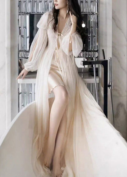 Beige Lace Lace Up Tulle Pajamas Two Pieces Set Fall
