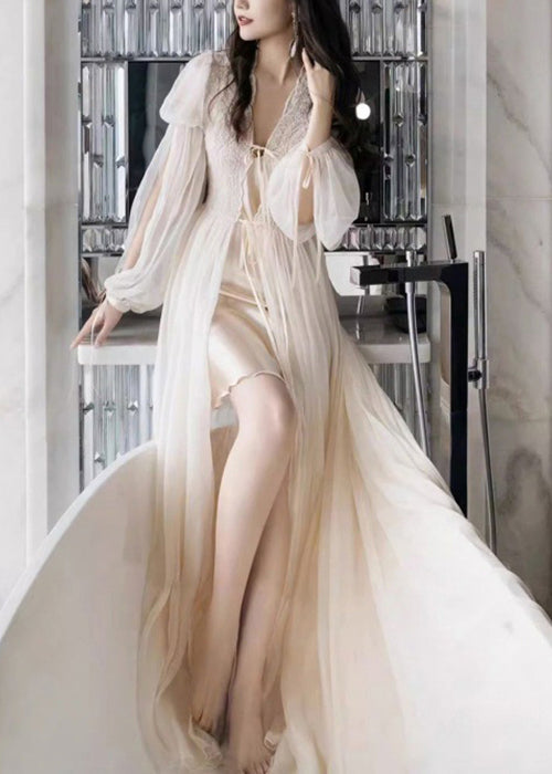 Beige Lace Lace Up Tulle Pajamas Two Pieces Set Fall