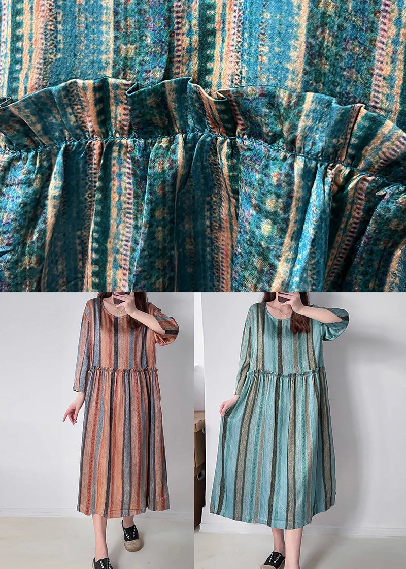 Orange Ruffled Striped Silk Holiday Dress Fall