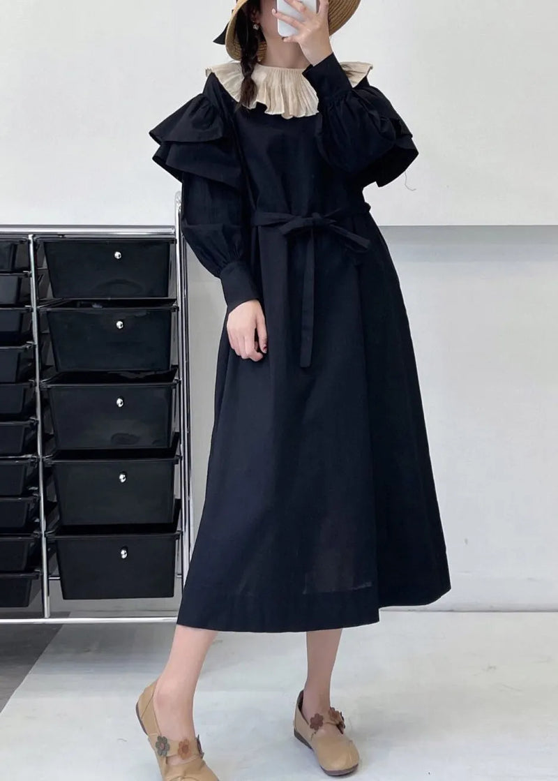 Black Pockets Cotton Dress Ruffled Summer