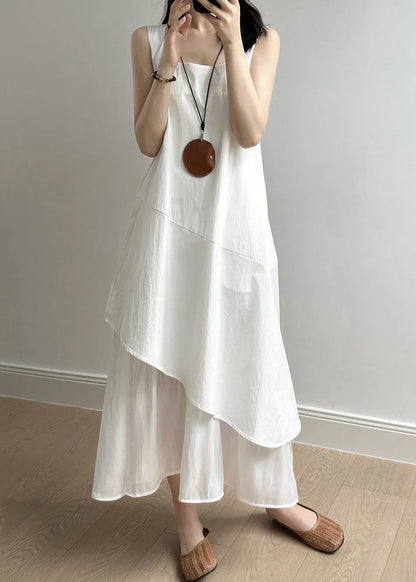New White Square Collar Patchwork Cotton Long Dresses Sleeveless