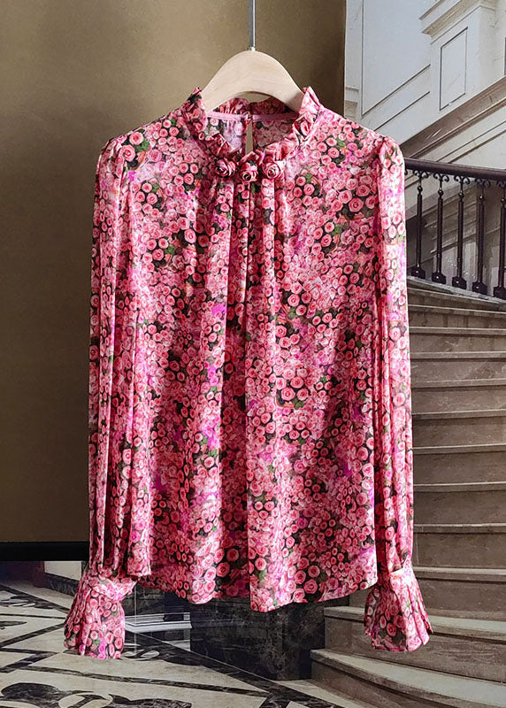 Red Ruffled Print Patchwork Silk Top Flare Sleeve