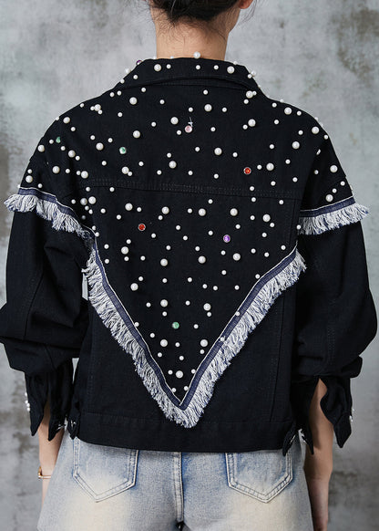 Black Tasseled Patchwork Nail Bead Denim Jacket Spring