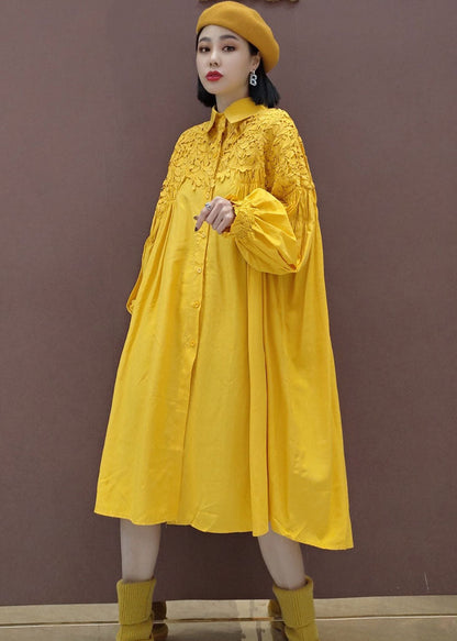 Stylish Yellow Puff Sleeve Peter Pan Collar Lace Patchwork Shirt Dress Spring