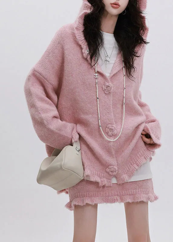 Pink Ruffled Patchwork Cotton Knit Hooded Cardigan and Skirts Two Piece Set Fall