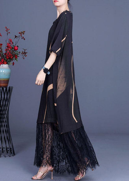 Natural Black Silk Print Patchwork Lace Vacation Dresses Summer