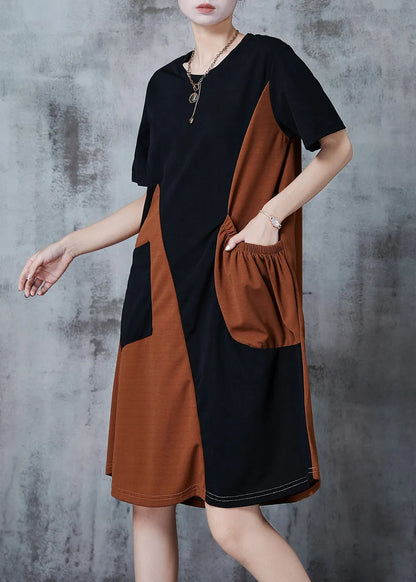 Black Asymmetrical Patchwork Pocket Cotton Dresses Summer