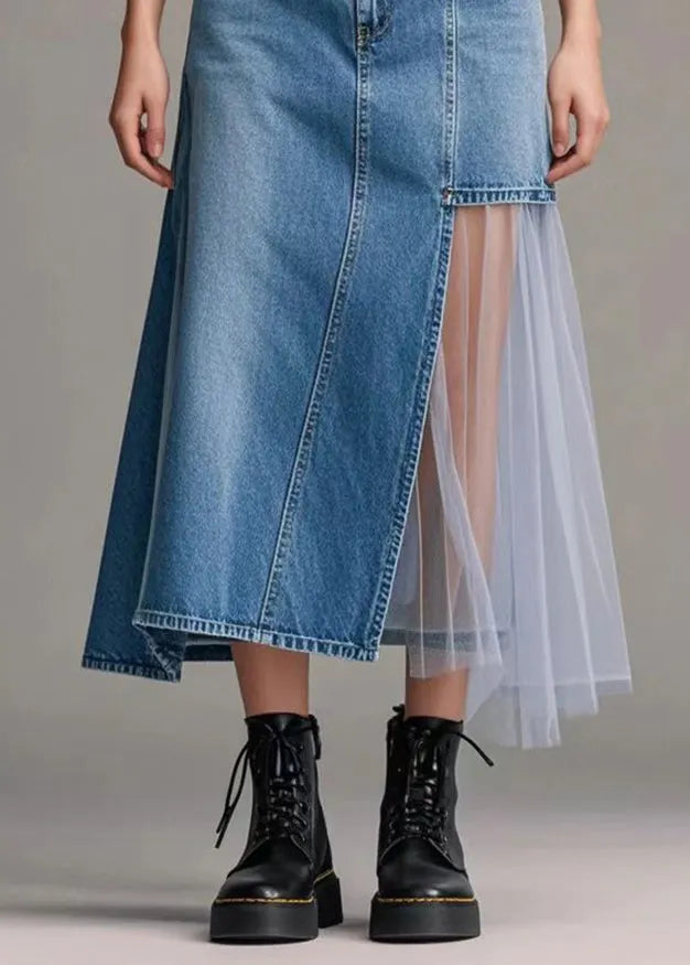 Loose Denim Blue Asymmetrical Patchwork Tulle Holiday Skirt Spring