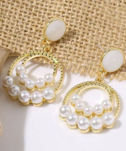 Gold Sterling Silver Alloy Pearl Circle Drop Earrings