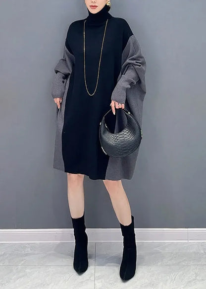 Coffee Hign Neck Patchwork Cotton Mid Dress Batwing Sleeve