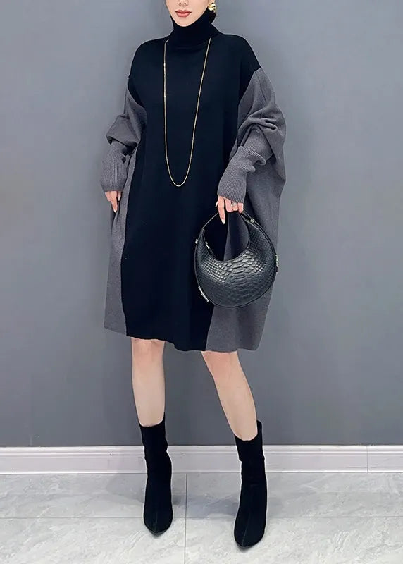 Coffee Hign Neck Patchwork Cotton Mid Dress Batwing Sleeve