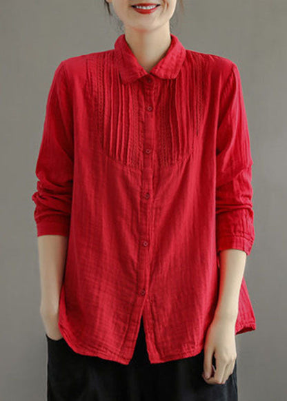 Green Peter Pan Collar Wrinkled Cotton Blouses Long Sleeve