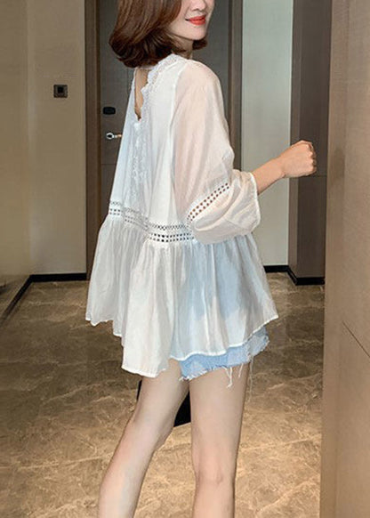 Diy White V Neck Lace Patchwork Shirt Puff Sleeve