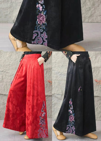 Red Embroidered Jacquard Silk Straigh Pants Spring