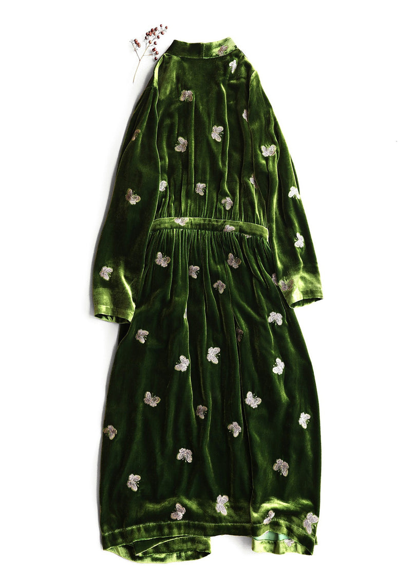 Loose Green Print Butterfly Lace Up Silk Velvet Long Dress Fall