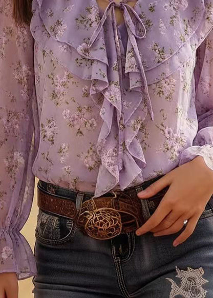 Italian Lavender Ruffled Print Chiffon Shirts Spring