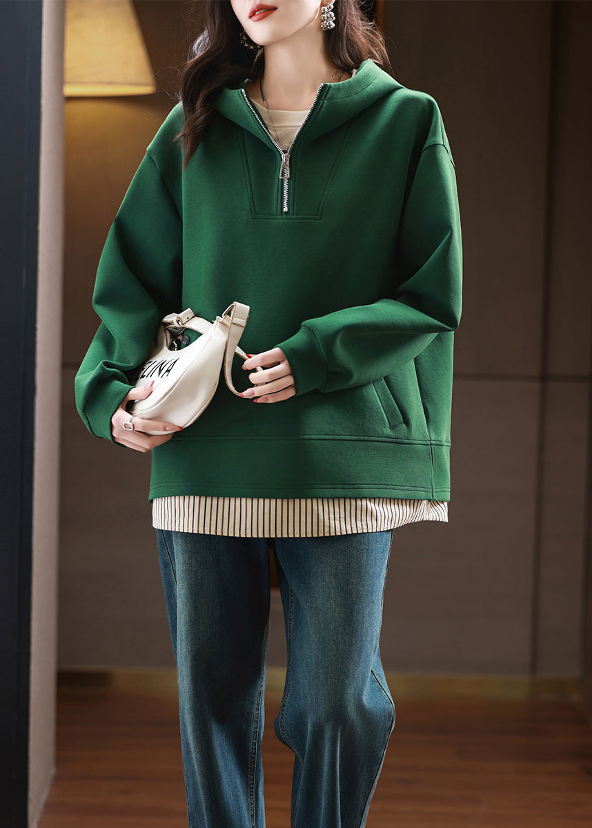 Green Zip Up Patchwork Hooded Cotton Pullover Fall