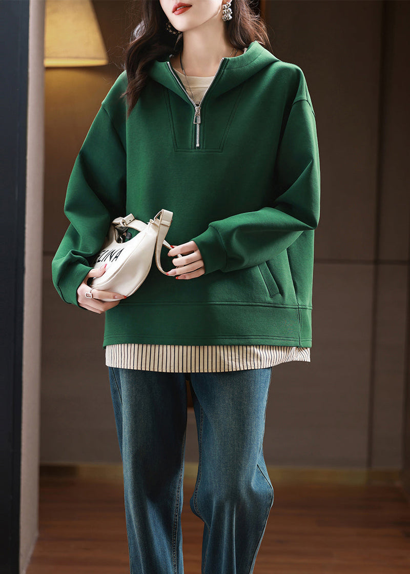 Green Zip Up Patchwork Hooded Cotton Pullover Fall