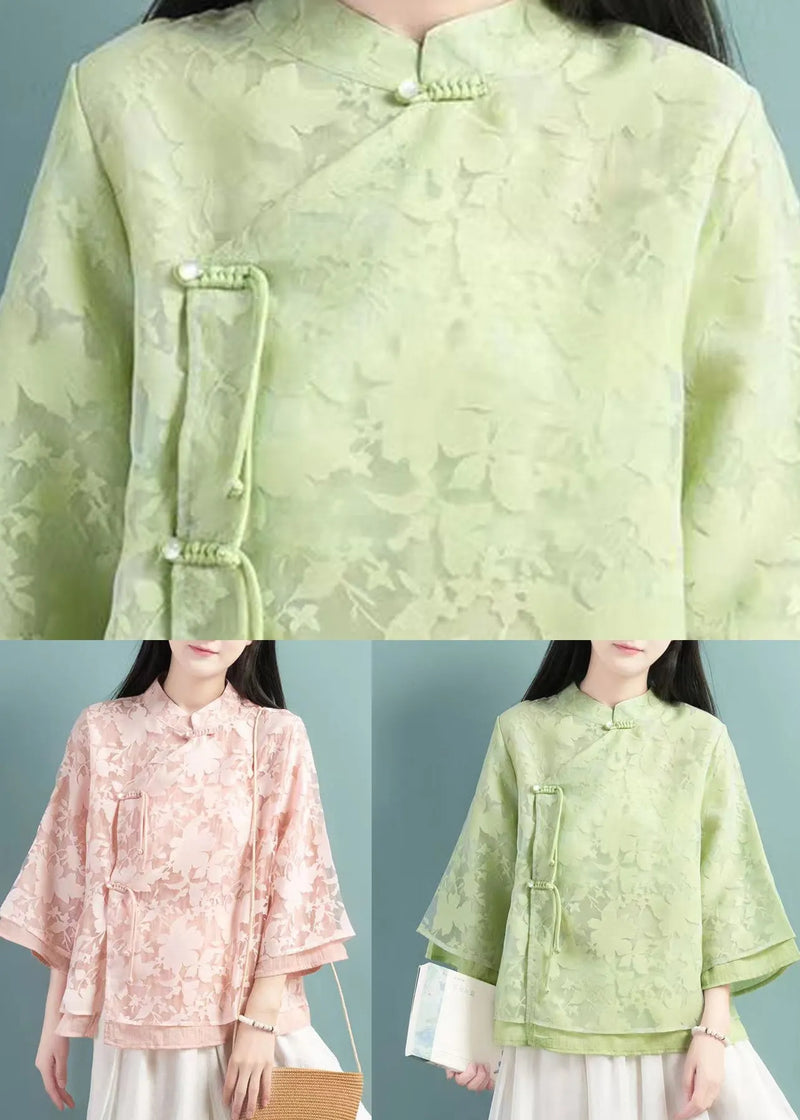 Green Stand Collar Tasseled Patchwork Tulle Shirt Tops Fall