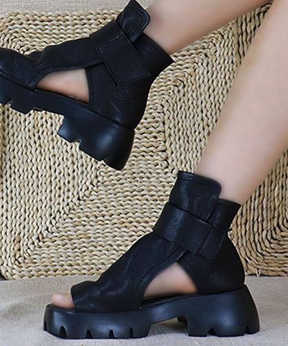 Unique Peep Toe Splicing Platform Boots Black Cowhide Leather