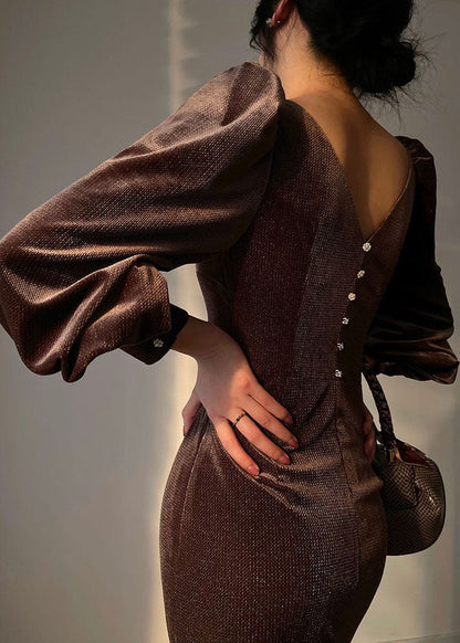 Brown V Neck Button Wraped Silk Velour Dresses Vestidos Long Sleeve