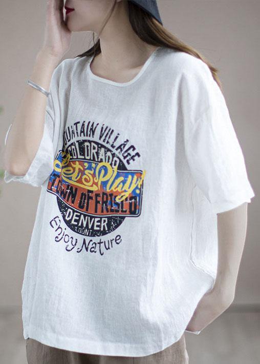 Loose Chocolate O-neck Graphic Linen T-shirt Half Sleeve