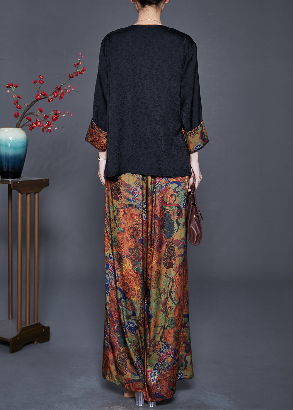 Black Print Patchwork Lace Up Silk Two Pieces Set Fall