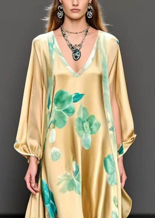 Fine Yellow Oversized Print Silk a Line Dress Fall