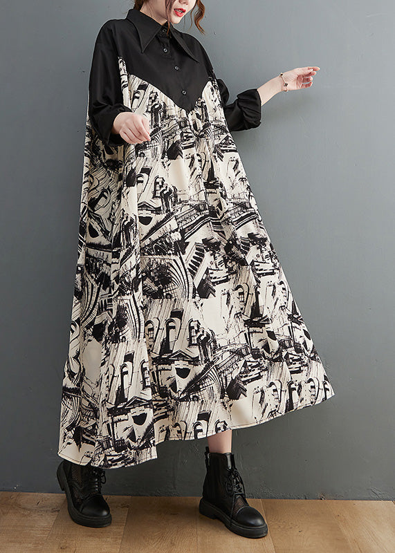 Black Peter Pan Collar Print Patchwork Button Maxi Dress Long Sleeve