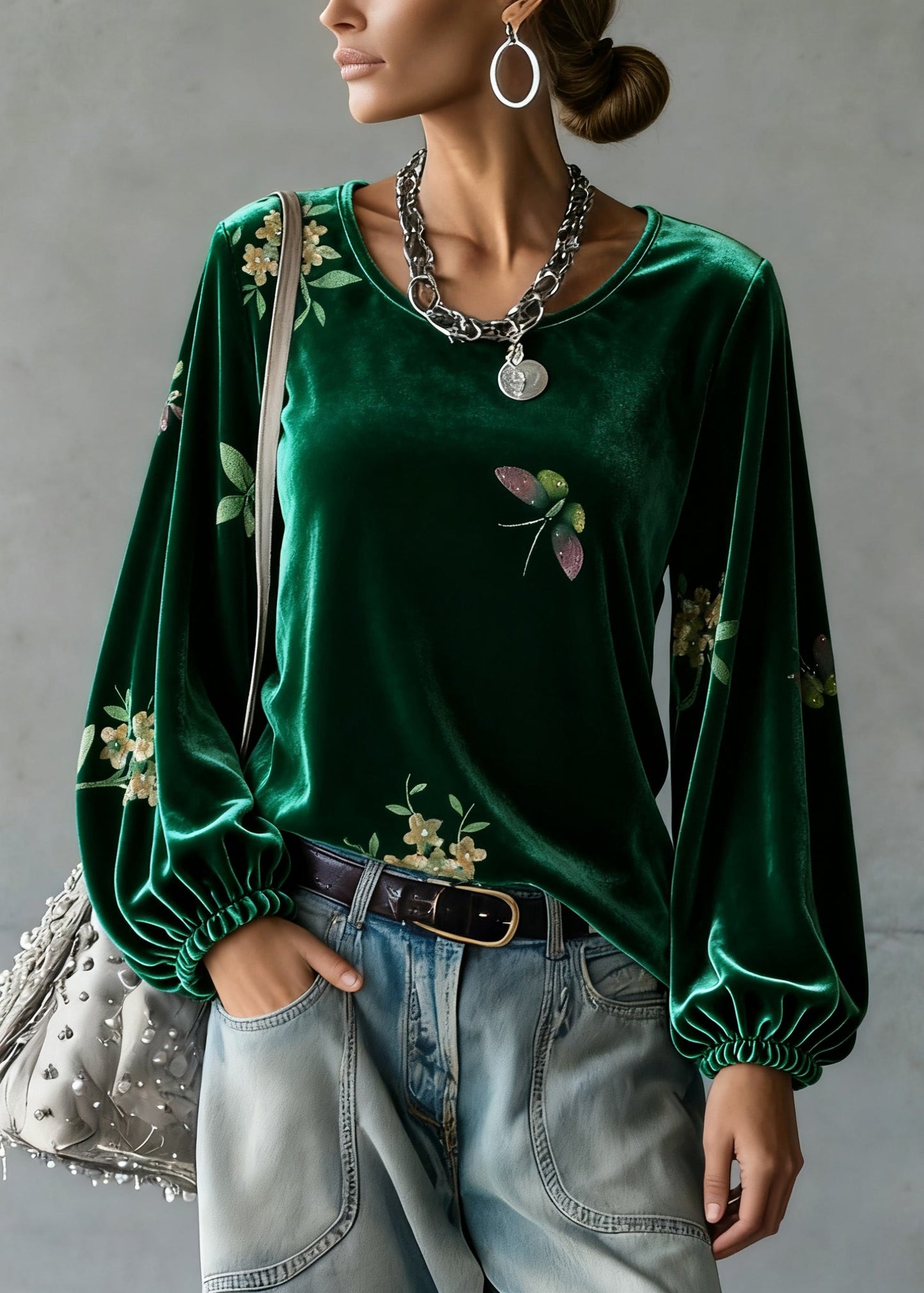 Green O-neck Print Silk Velour Tops Spring