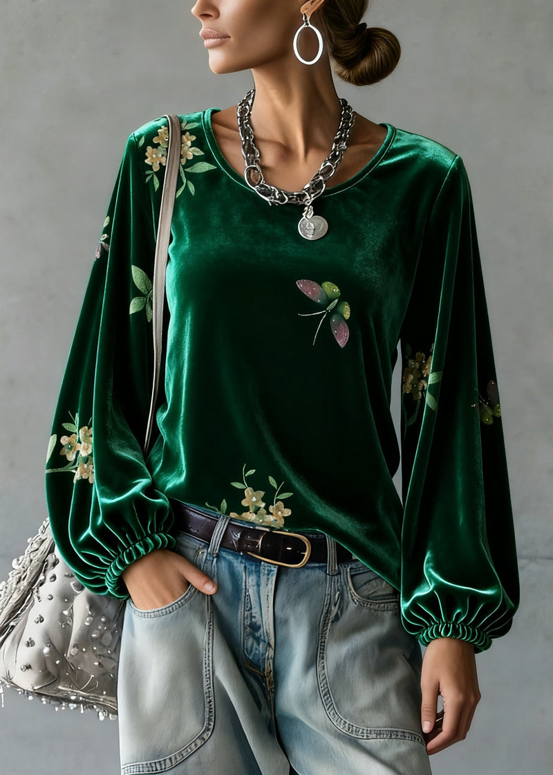 Green O-neck Print Silk Velour Tops Spring