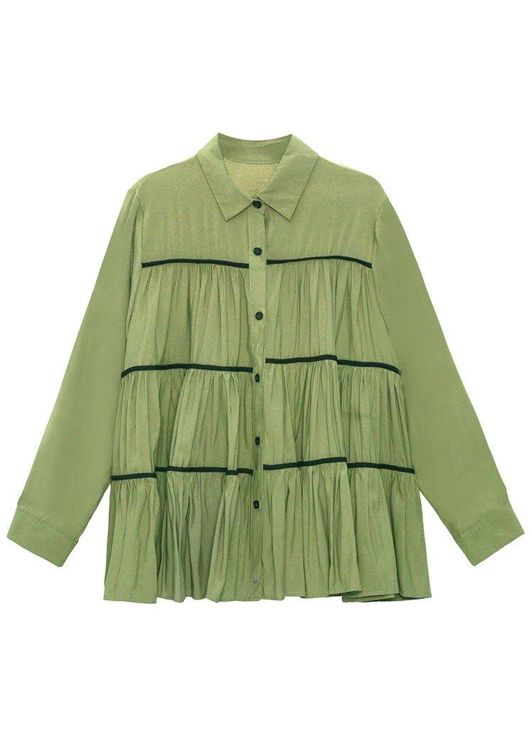 Organic Green Peterpan Collar Button Wrinkled Fall Blouses Long Sleeve