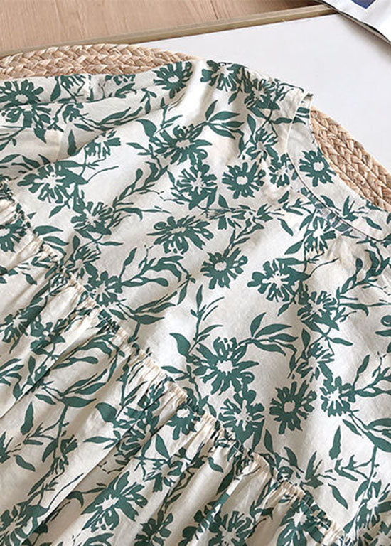 Green O Neck Print Wrinkled Cotton Blouse Tops Summer