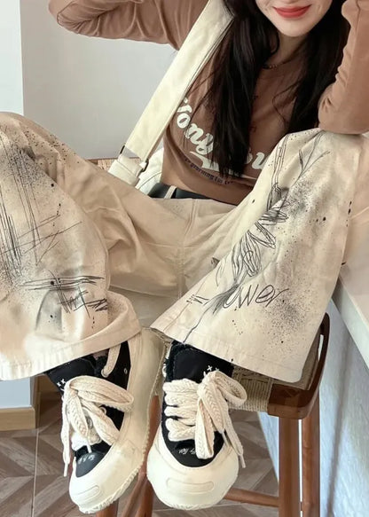 Beige High Waist Pockets Tie Dye Denim Straight Pants Fall