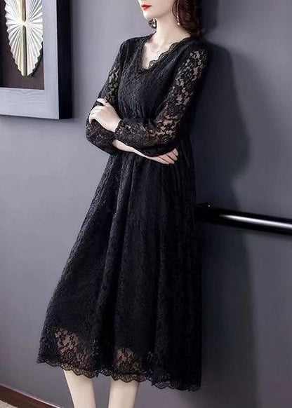 Black V Neck Hollow Out Exra Large Hem Lace Maxi Dresses Spring